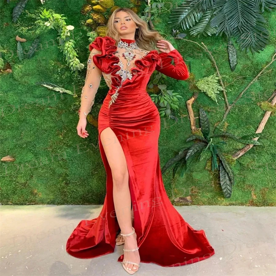 2024 New Modern High Neck Mermaid For Women Sexy Red Evening Dresses Classic Long Sleeve Side Split Prom Gowns Vestido De Festa