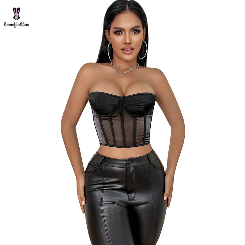 Lace Up Boned Vest Cropped Top Black See Through Mesh Lingerie Bustier Padded Bra Strapless Corset Shaper For Women