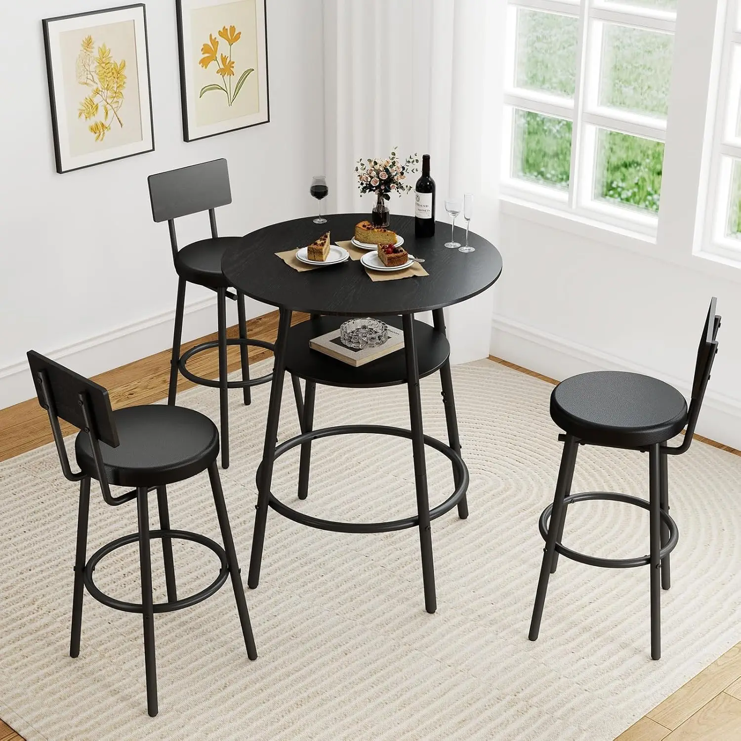 

4 Pieces 28.9" Round Bar Table Set, Bar Stool Table Set of 3, Black Kitchen Bar Table, Breakfast Table with Storage, 3 Thickened