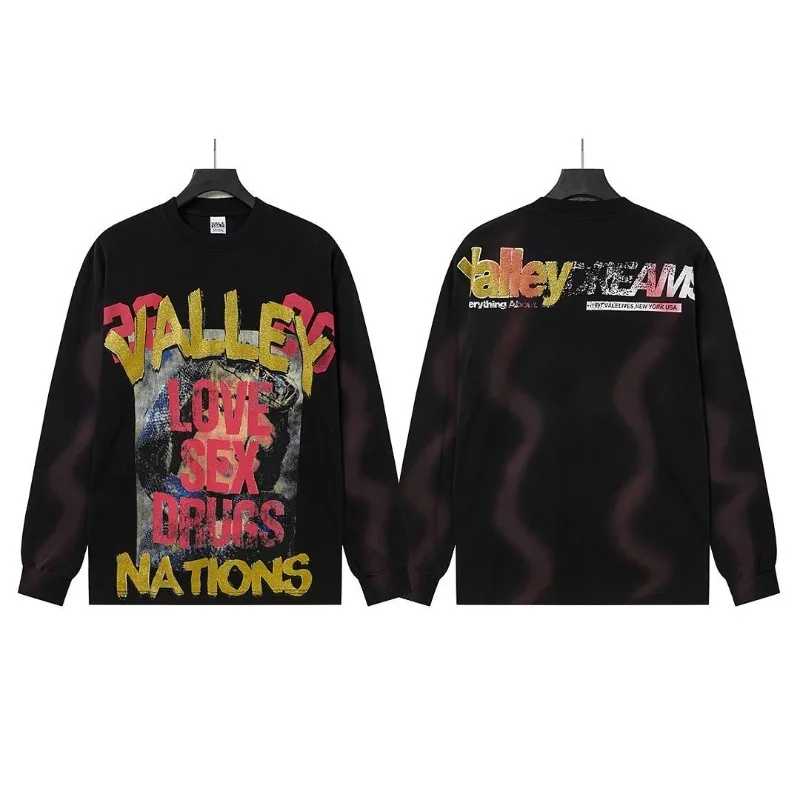 VALLEY Light Luxury 2026 Personalized Letter Logo Gold Foil INS High Street Niche Streetwear Long Sleeve T-Shirt Men