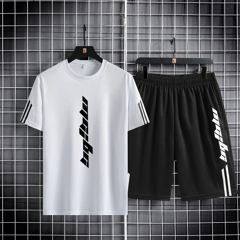 Letnie męskie spodenki z krótkim rękawem, zestaw casualowy, cienka, oddychająca siateczka, szybkoschnący, dwuczęściowy zestaw do biegania i fitnessu na świeżym powietrzu