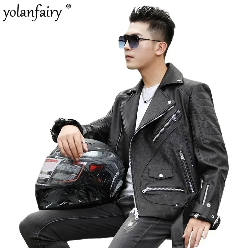 YOLANFAIRY Motorcycle Jackets for Men Genuine Leather Jacket Short Slim Korean Sheepskin Coat Male Clothing Veste Cuire Homme