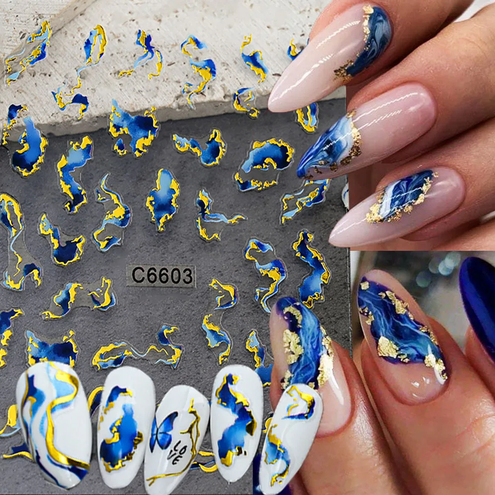 1Pc 3D Golden Blue Marble Nail Art Sticker Geometry Abstract Wave Line Ink Blooming Nail Decal 8x10cm Bronzing Marble 3D Slider