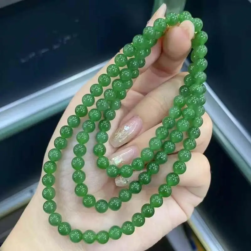 Natural Hetian Jade Necklace With Buddha Beads, No Black Spots, Fine Texture, Icy Green Color