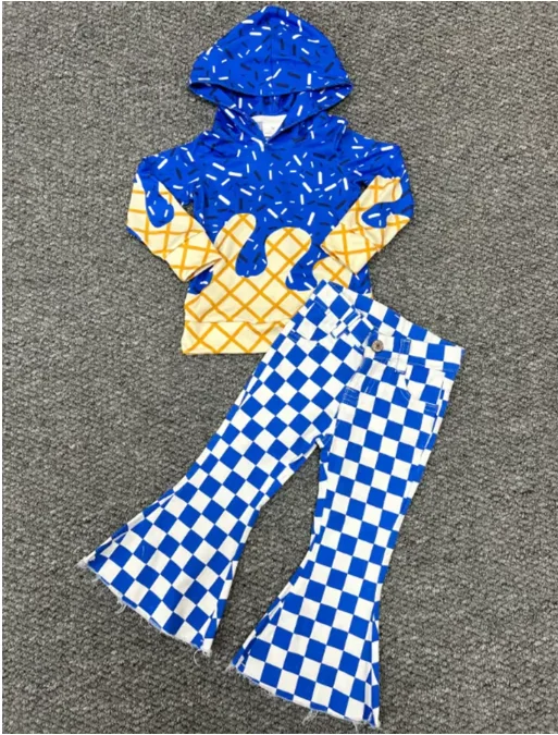 

Комплект из толстовки с капюшоном и брюк-клеш с принтом мороженого для девочек, комплект из двух предметов с длинными рукавами, модная синяя осенняя детская одежда