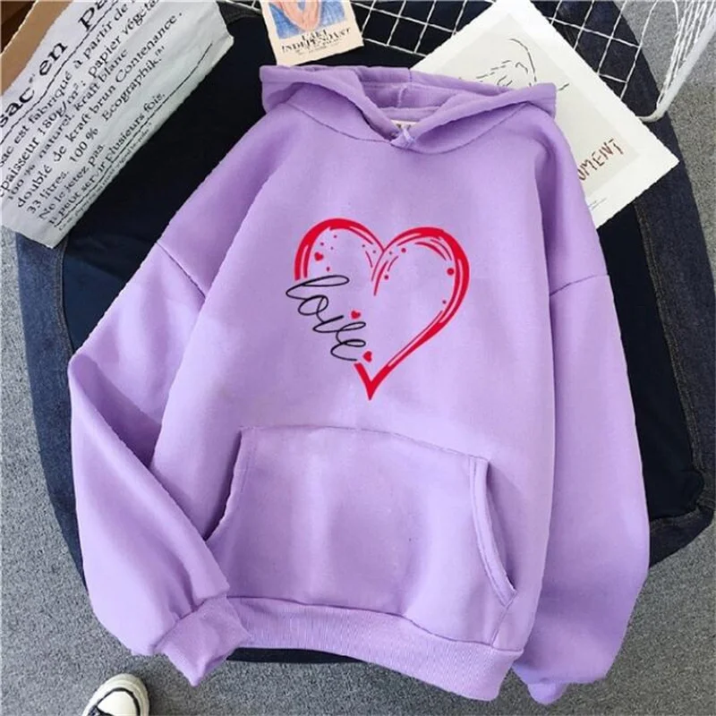

Women Hoodie Long Sleeve Loose Pullover Love Heart Print Street Fashion Clothing Girls Casual Pullover Sweatshirt