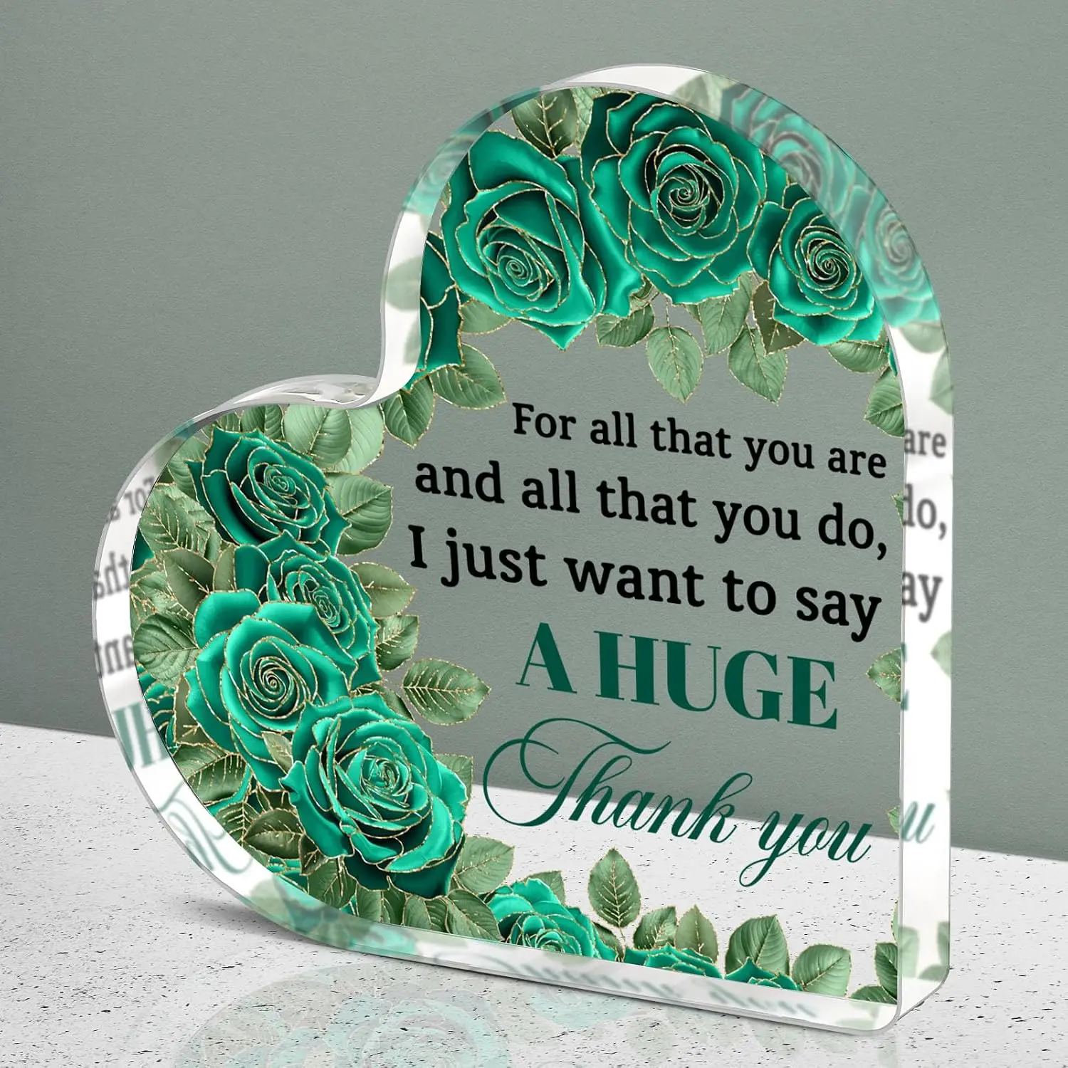 A Huge Thank You Heart‑Shaped Acrylic Tabletop Plaque, Emerald Green Gold Line Rose Desk Decor