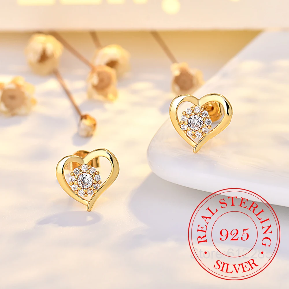 

925 Sterling Silver Jewelry Luxury Crystal Hollow Heart Stud Earrings for Women Wedding Party Jewelry for Girls Friend Gift