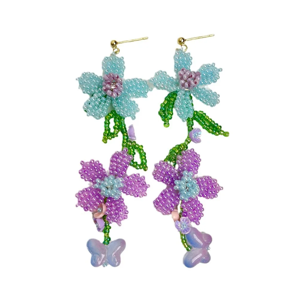 Two-color beaded flower earrings, pure hand-woven elegant flower earrings