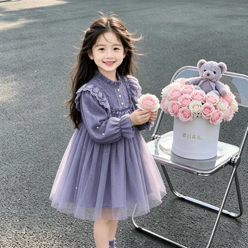 Girls Long Sleeve Lace Mesh Princess Dress Spring Autumn New Fashion Cute Children Party Outfit for Daily School