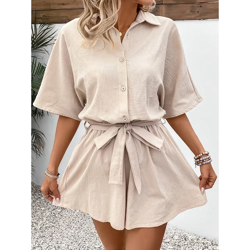 2025 Women Half Sleeve Lace-up Waist Ruched Short Jumpsuit Casual Button Front Turn-down Collar Romper Summer Fashion Outfits