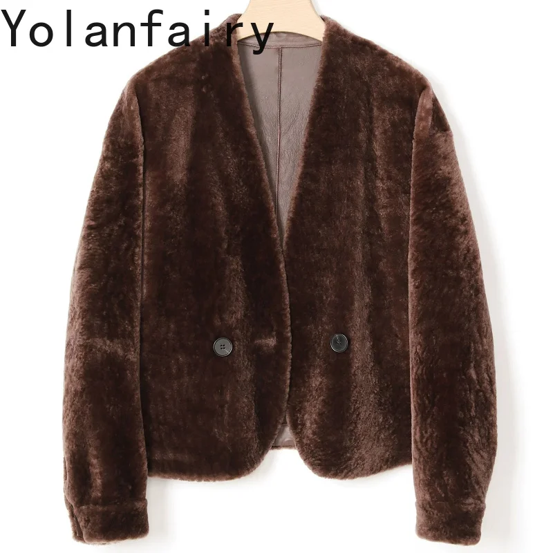 YOLANFAIRY Short 100% Genuine Merino Sheepskin Shearling Jacket for Women Old Money Style Luxury Real Fur Coats Woman Winter