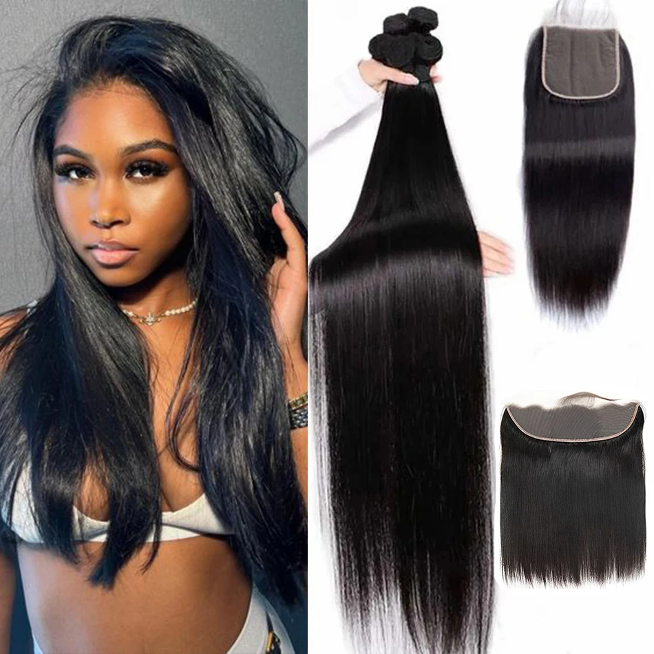 8-30 Inch Straight Hair Bundles 13x4 Frontal Closure Lace Human Hair Brazilian 10A Double Weft Bundles  Human Hair Weave Bundles