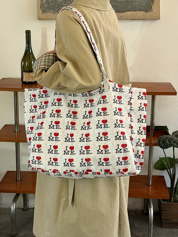 

Korean Sle Large Capaci Canvas Tote Bag Women's Commuter oulder Bag Lightweight Love Heart Print Casual Versatile Bag