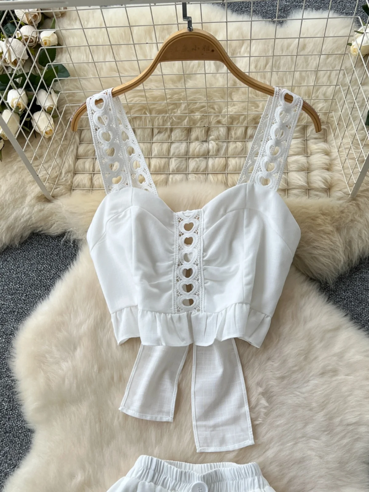 Vacation Wear Sexy Hollow out Tie Belted Strap Top High Waist Lace Splice Split Half Skirt Women's Summer Fashion Set