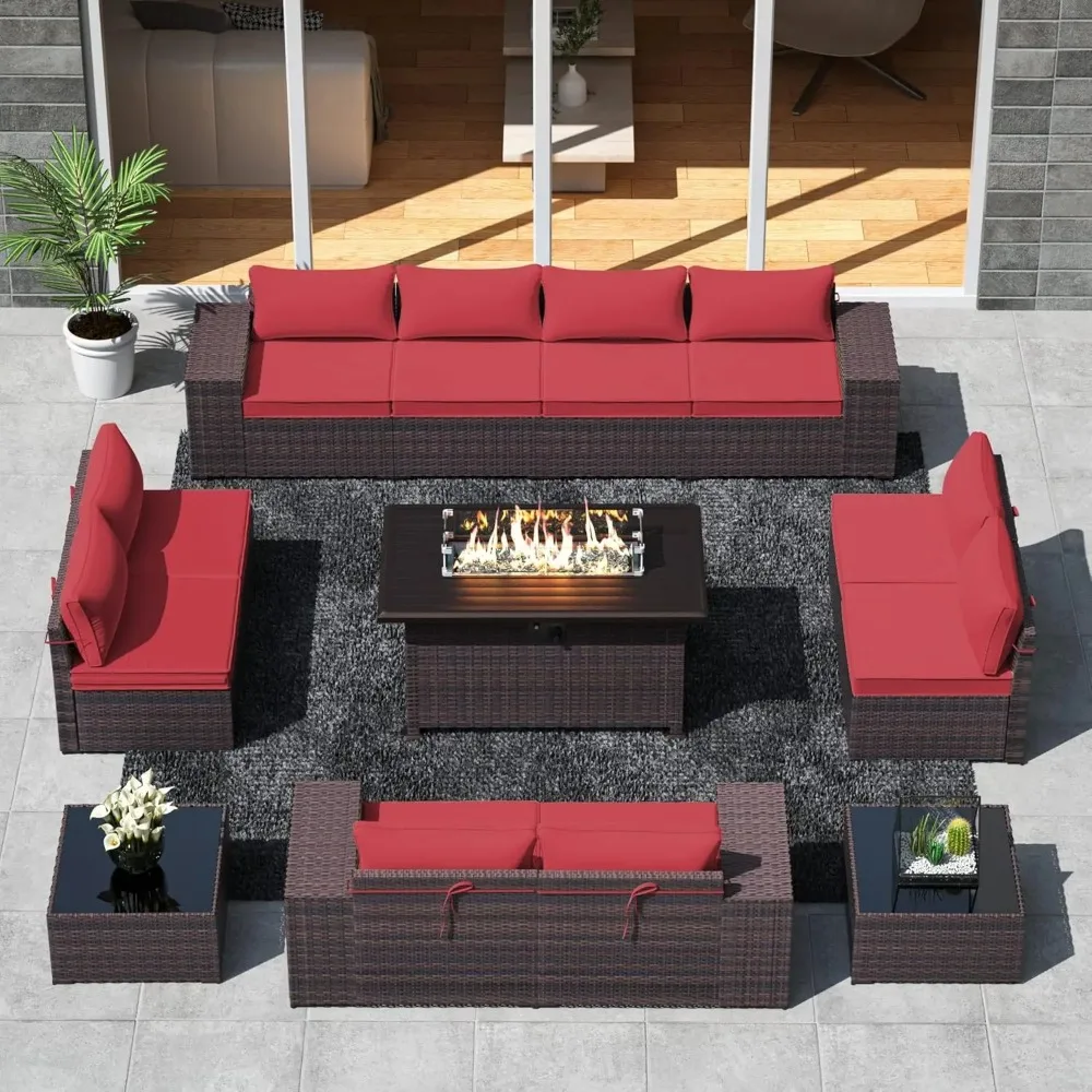 13 Pieces Outdoor Patio Furniture Set Patio Sectional Sofa w/43in Propane Fire Pit Table,PE Wicker Rattan Patio Conversation Set