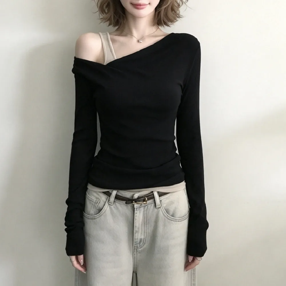 Spring Autumn Women 2 Pieces 1 Set One Shoulder Skew Neck Long Sleeve T-shirt Slim Fit Stretch Tee Streetwear Tops Coffee