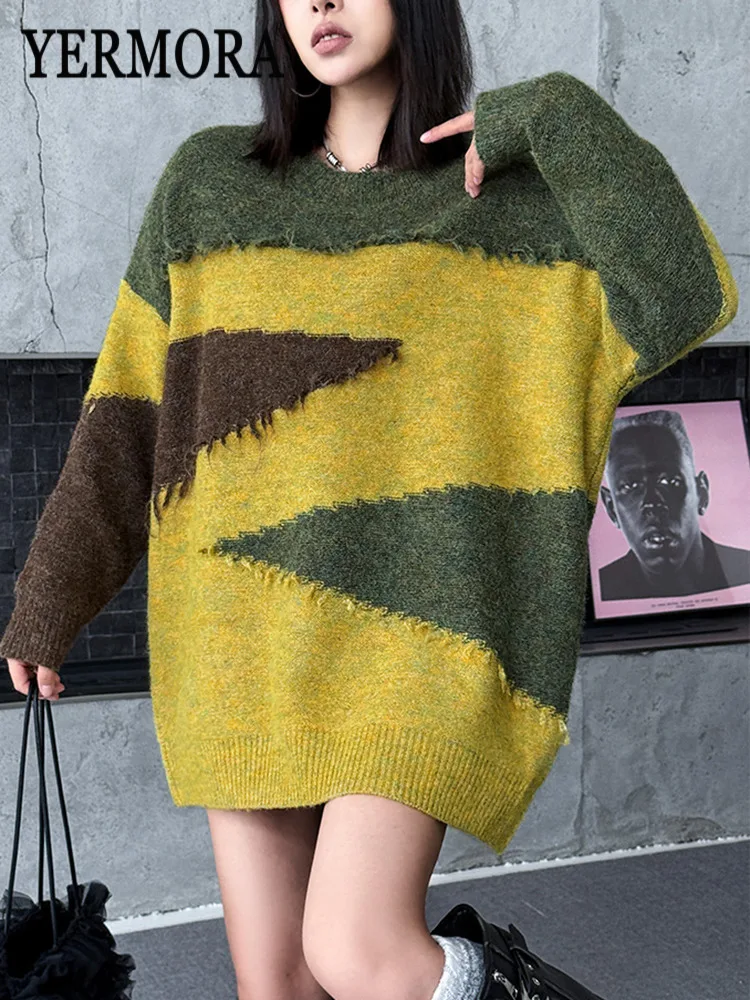 

YERMORA Color-Block Irregular Casual Knitting Pullover For Women O-Neck Long Sleeve Loose New Sweater Fashion Tide Autumn Winter