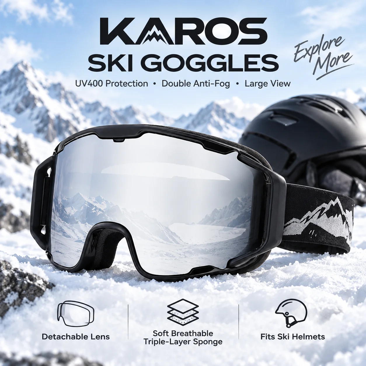 KAROS Ski Goggles UV400 Double Layer Anti Fog Magnetic Lens Snowboard Goggles Helmet Compatible for Men Women Winter Sports  130