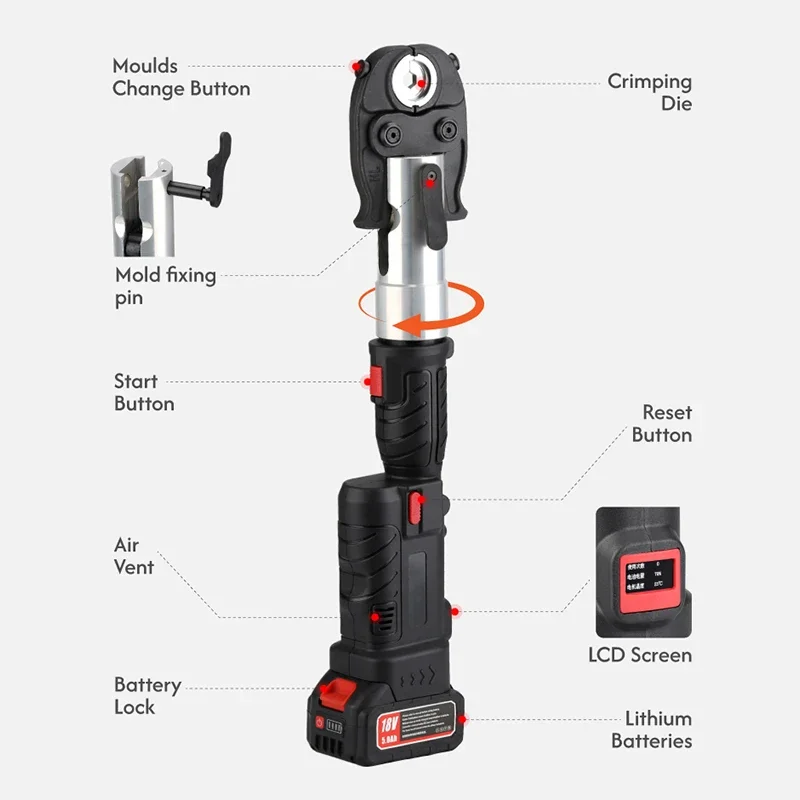 Battery Operated Hydraulic Crimping Tool Set Electric Wire Cable Crimper Copper/Aluminum Cable Lug Pliers
