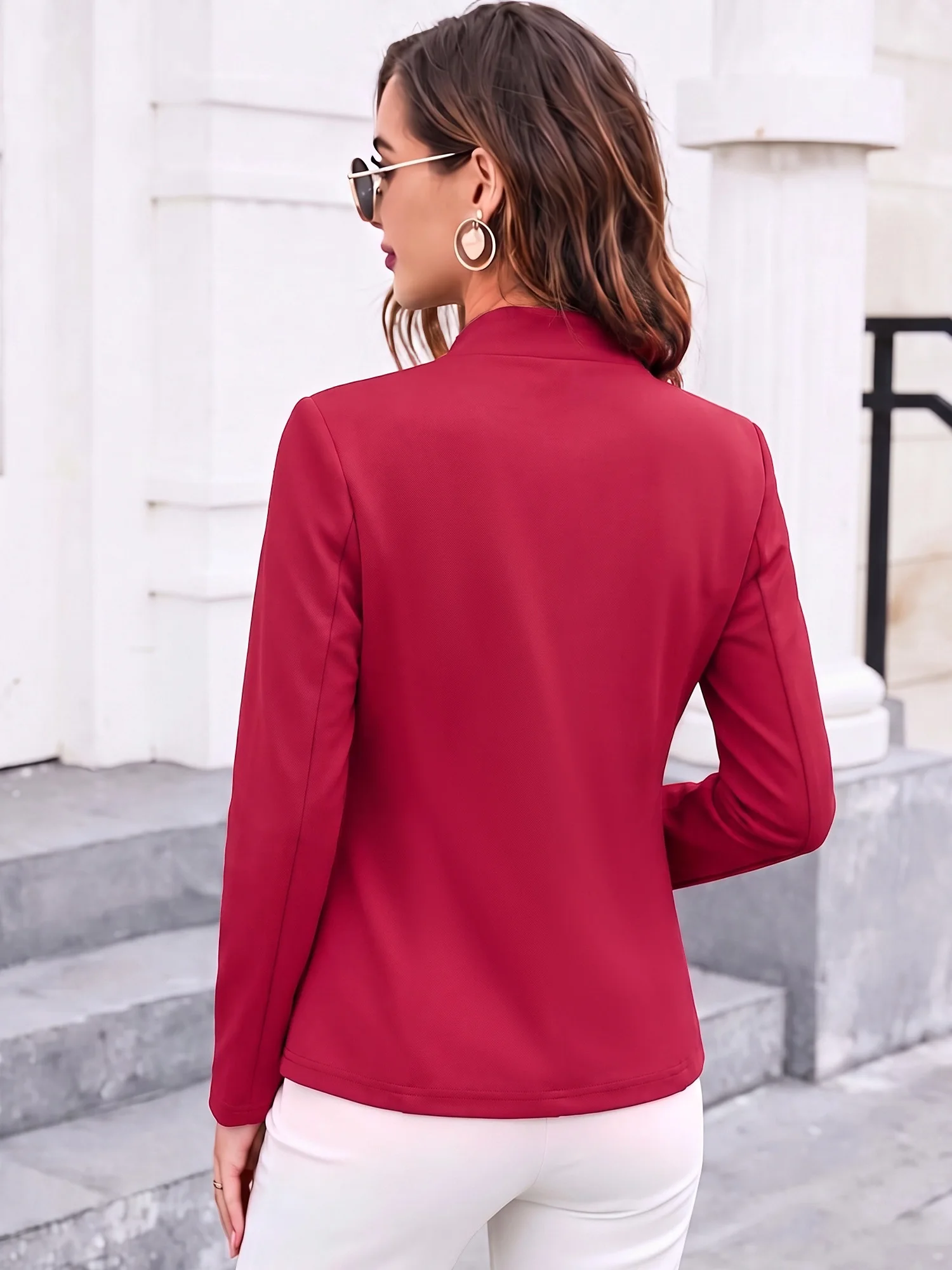 Women Commuter Stand Collar Open Blazer Long Sleeve Solid Slim Fit Business Casual Outer Jacket