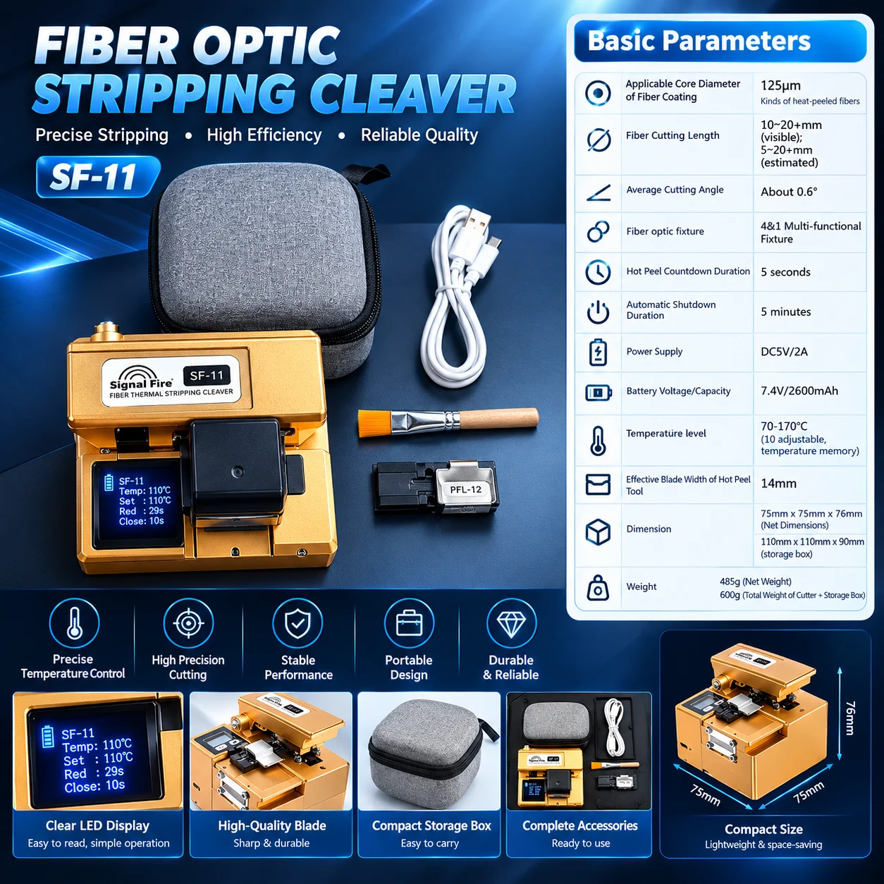 Signal Fire SF-11 4in1 Fiber Cleaver Thermal Stripper Heated Optical High Precision Multi-Core Ribbon Bundle Cable Cutter 0.6°