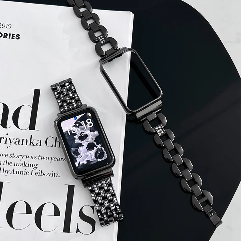 สายรัดโลหะสำหรับ Xiaomi Mi Band 7 Pro พร้อมเคส, สายรัดแฟชั่นสีดำหรูหราและเยี่ยมชมสำหรับ Miband 7 Pro, สายรัดข้อมือสำหรับการแทนที่