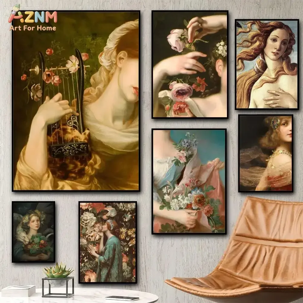 AZNM Vintage Renaissance Lady Canvas Wall Art Classical Oil Painting Goddess Floral Harp Aesthetic Gallery Art Print Poster Unfr