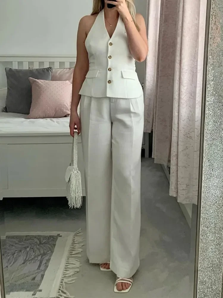 New Women Pants Sets Off Shoulder Sleeveless Vest Top Female Wide Leg Pants Women 2 Piece Set Outfit Elegant Women's Pants Suit