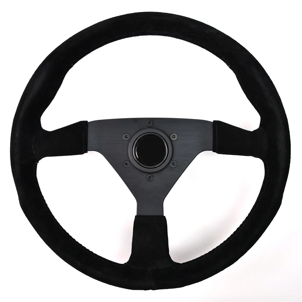 

350mm Black Suede Leather Universal Steering Wheel 40mm Deep Sport Steering Wheel with No Hole Flat Bracket