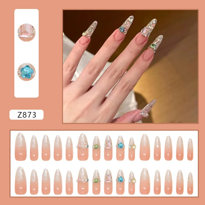 New Style Wearing Armor, Long Net Red, High-Quality, Diamond-Encrusted White Manicure, Finished Fake Nail Patch