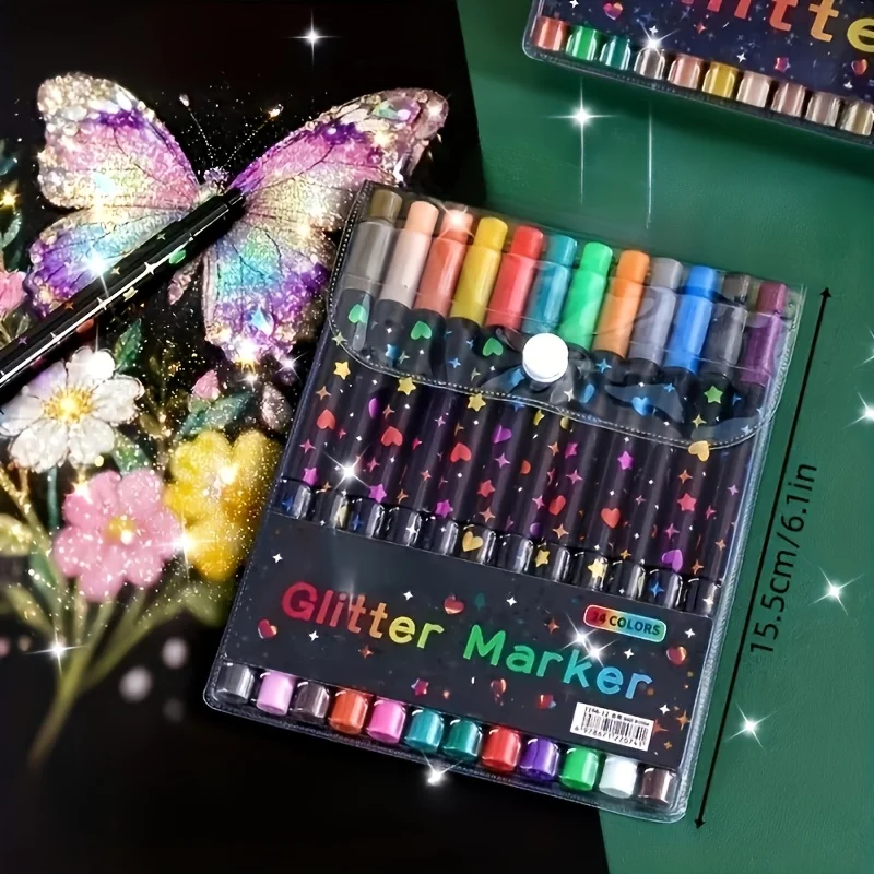 24 Colors Dual Brush Tip Glitter Art Markers Metallic Paint Marker Pens DIY Crafts Birthday Cards, Making Poster, Album