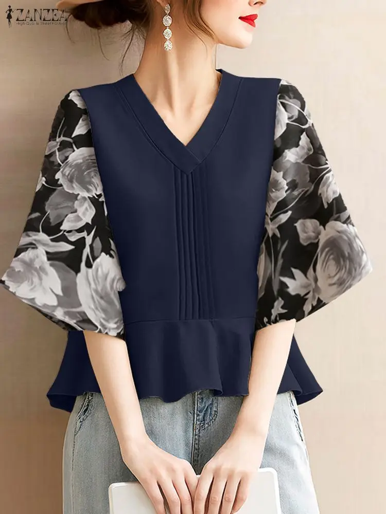 ZANZEA Elegante Frauen V-ausschnitt 3/4 Hülse Bluse Sommer Floral Patchwork Hemd Stilvolle Büro Arbeit Shirts Plissee Tops Weibliche Mujer