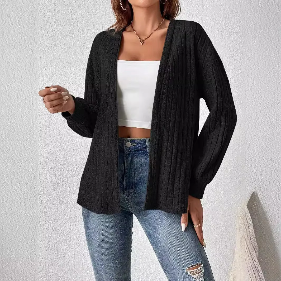 Autumn Winter Ribbed Brushed Open Front Jacket Women's Solid Casual