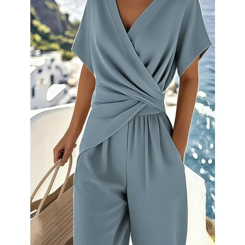 Summer New Cross-border Women's Clothing Europe and America AliExpress Fashion Solid Color Irregular Short-sleeved Personalized