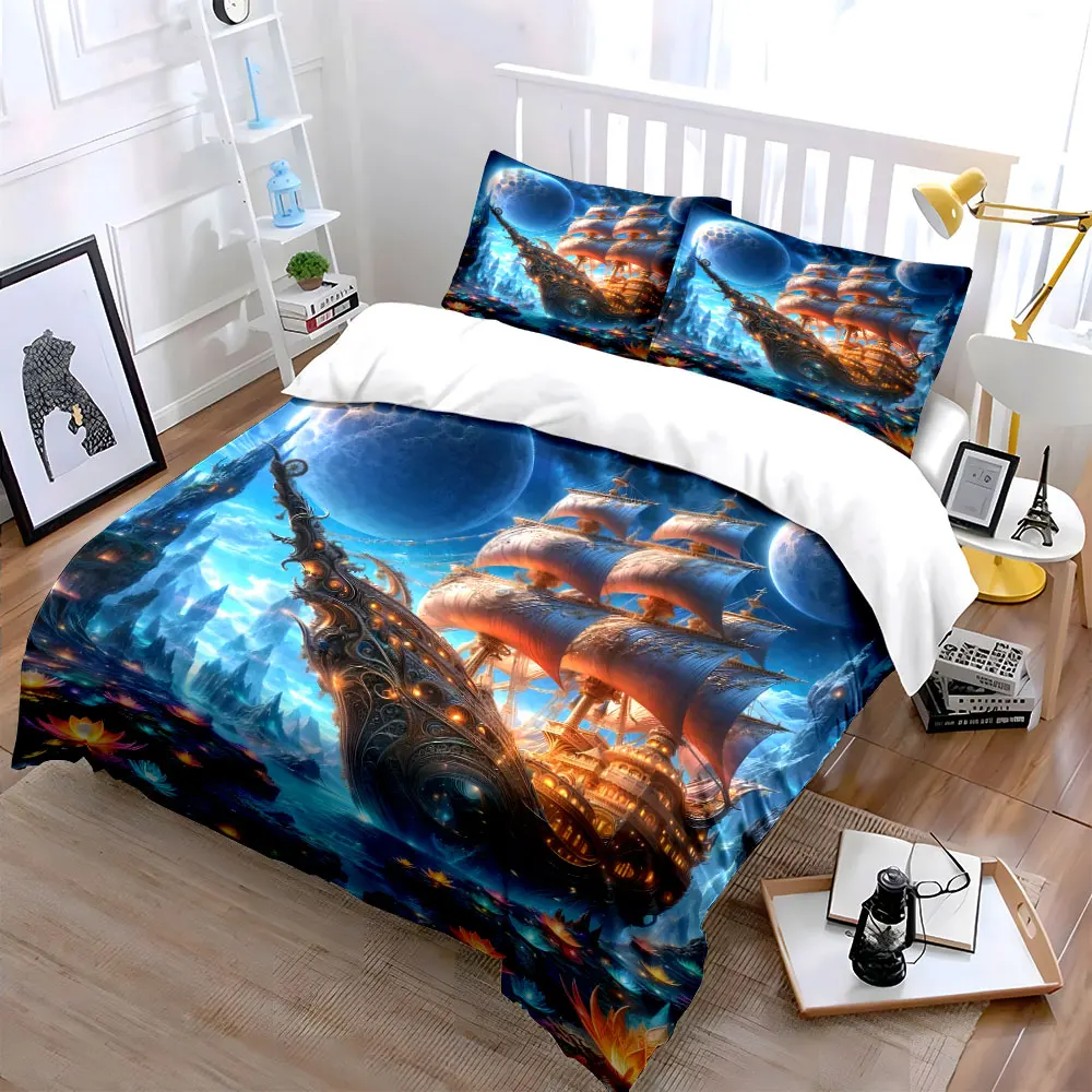 Fantasy Ship Canvas Decor Set Bedding Set with 1 Duvet Cover 2 Pillowcases Single Double King Queen, Gift