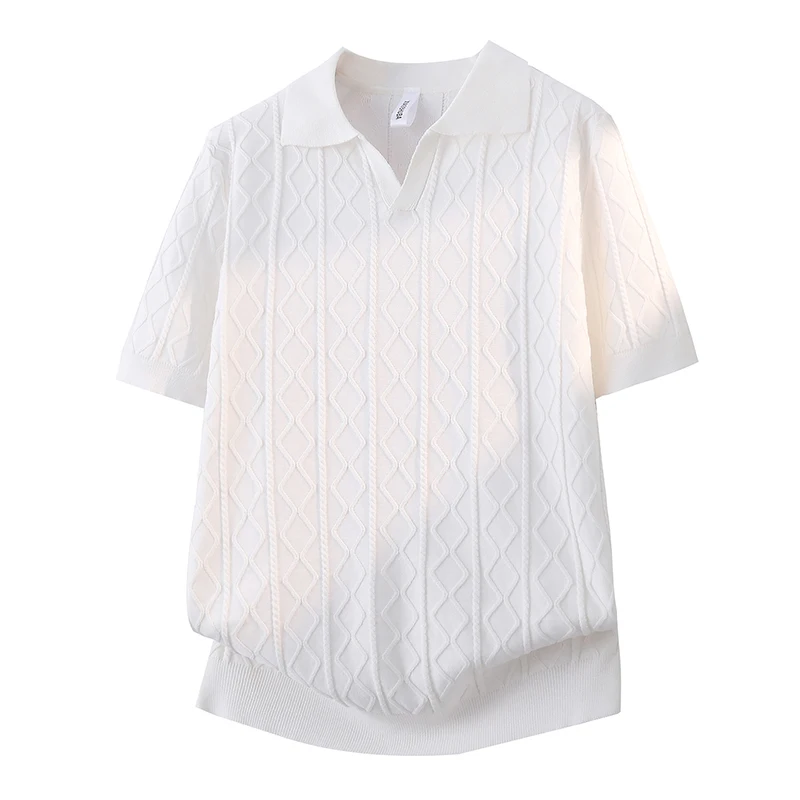 Summer Fashion Solid-Color Jacquard Short-Sleeve T-Shirts Fashionable Casual Knit Top Business Polo Shirts Men's Pullover Blouse
