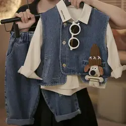 Stylish Boys' Autumn Clothing Set Plus Size Western Vest 3-Piece Outfit Trendy Baby Boys Spring Fall Casual Wear Kids Outfits