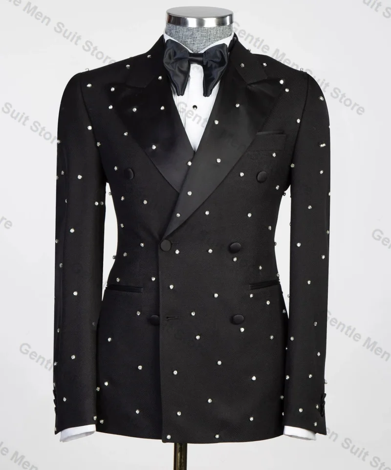 

Crystals Black Men Suits Set 2 Piece Blazer+Pant Formal Office Male Prom Groom Wedding Tuxedo Coat Custom Made Cotton Jacket