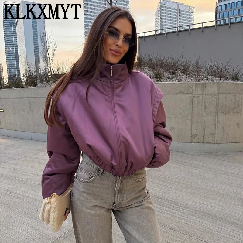 KLKXMYT Fashion Satin Cropped Bomber Jackets For Women 2026 Spring Casual Stand Collar Puff Sleeve Zipper Lady Streetwear Coat