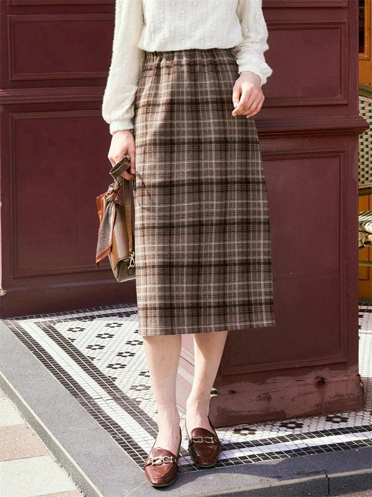 

OLrain Vintage French Plaid Skirts Women's Autumn 2025 New Versatile Commuter Skirts High-Waisted Elastic Waist Skirt E56QB93689