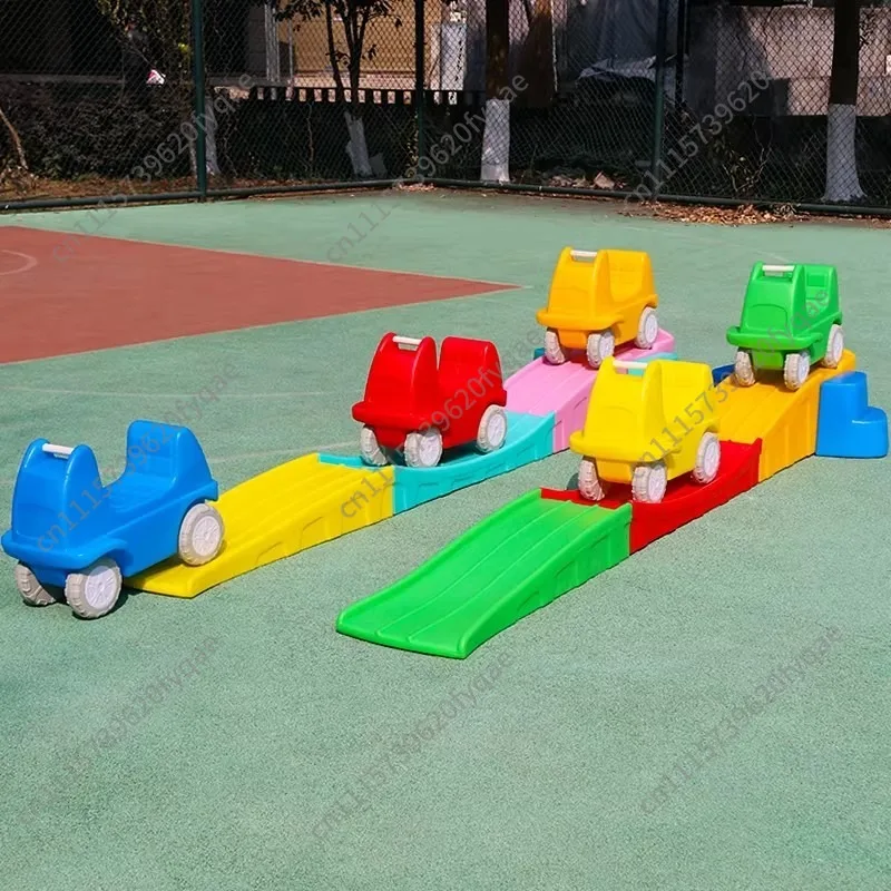 3-Stage Kids Sensory Training Slide Car Plastic Rail Track Toy Outdoor Play Equipment for Toddlers Backyard Garden Playground