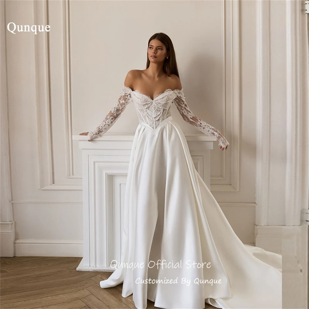 

Qunque Luxurious Floral Lace Wedding Dress Illusion Sleeves Evening Dresses A Line Off Shoulder Vestido De Novia Boda Customized