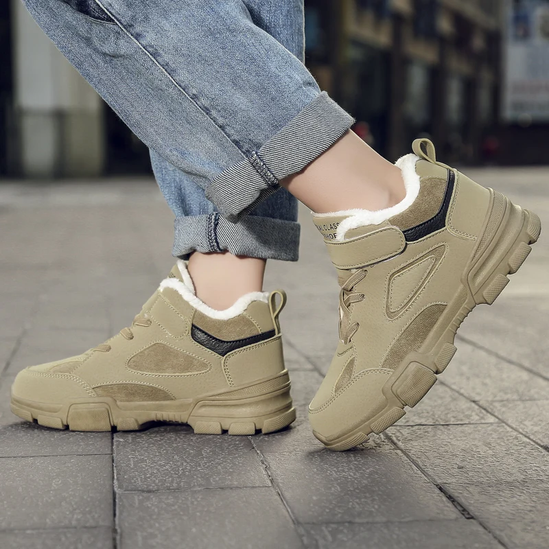 Zapatos de invierno de marca para niños, botas de nieve de cuero a prueba de agua para niños, zapatillas de felpa cálidas de moda, zapatos casuales