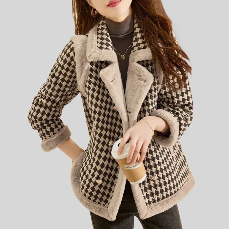 

Cotton padded jacket, spring and autumn checkered coat, women's long sleeved woolen top, fashionable Western and Korean