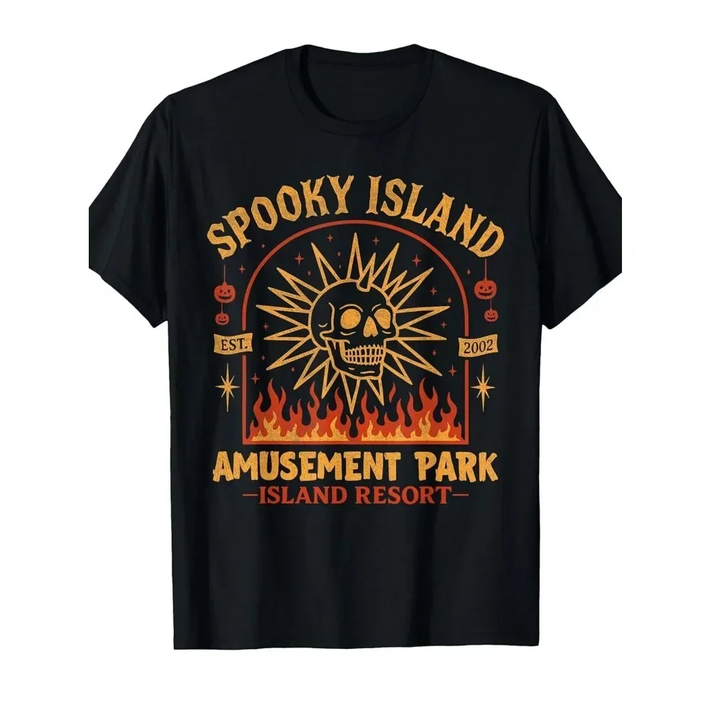 

Men's Vintage 2002 Spooky Island Haunted House T-Shirt - Fiery Skull & Bat Graphic Tee with Retro Amusement Park Design, Soft