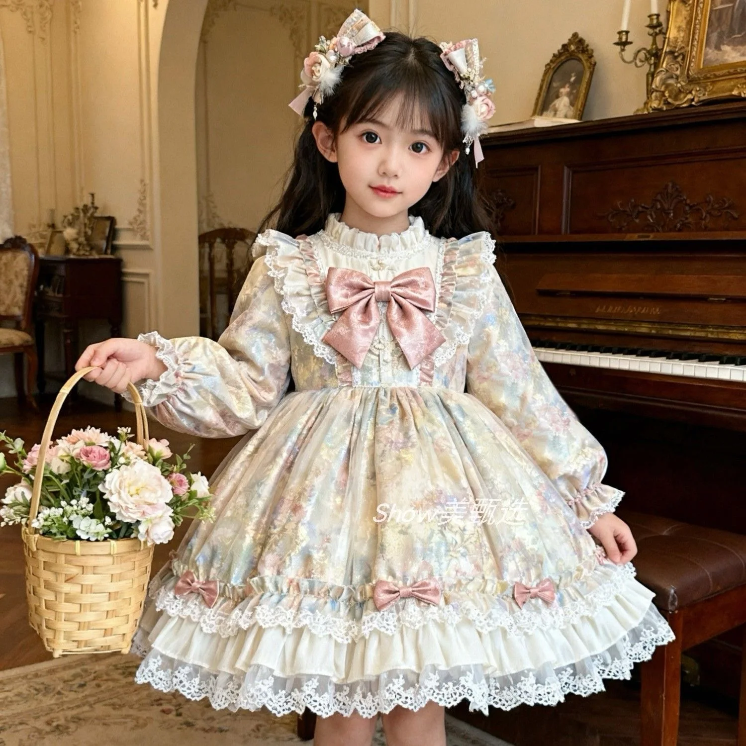 

2025 детское испанское платье, синее кружевное платье Лолиты с бантом для девочек, роскошное бутиковое платье для дня рождения, вечеринки, крещения, От 3 до 10 лет