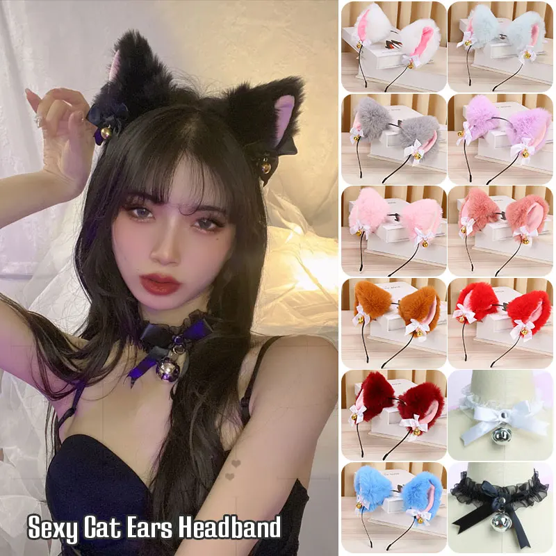 Plüsch Kaninchen Sexy Katzenohren Stirnband für Frauen Mädchen Spitze Schleife Halskette Plüsch Glocke Haarband Cosplay Maskerade-Party Kostüm Haar