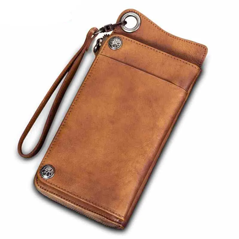 Retro handmade Leather Men\'s wallet men first layer cowhide card holder long wallets male zipper purses simple thin 2020 new