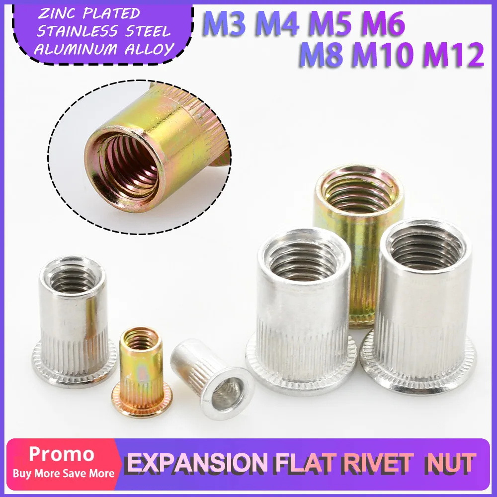 M3 M4 M5 M6 M8 M10 M12 Carbon/Stainless Steel Aluminum Metal Rivnut Pop Rivet Expansion Nut Flat Rivet Metric Thread Insert Nut